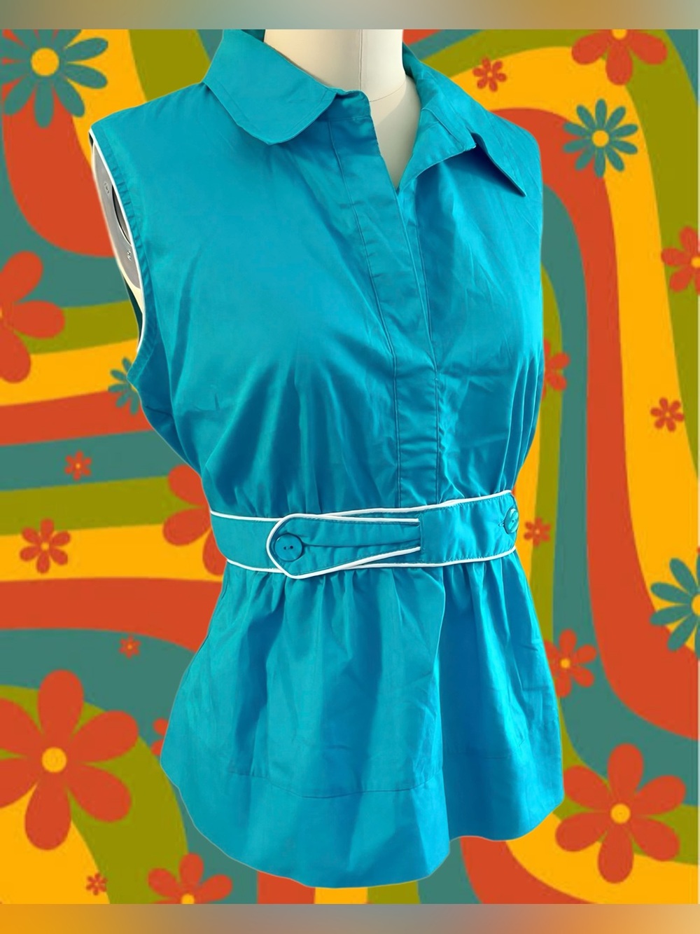Cato Turquoise Retro Sleeveless Collared Belted Top M